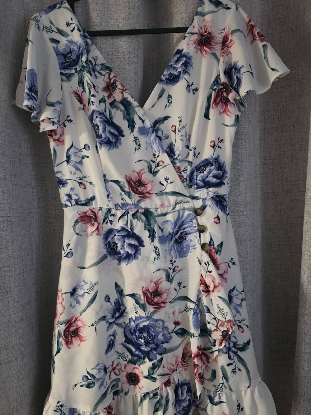 I.N. San Francisco White Floral Wrap Midi Dress with Blue & Pink Blooms